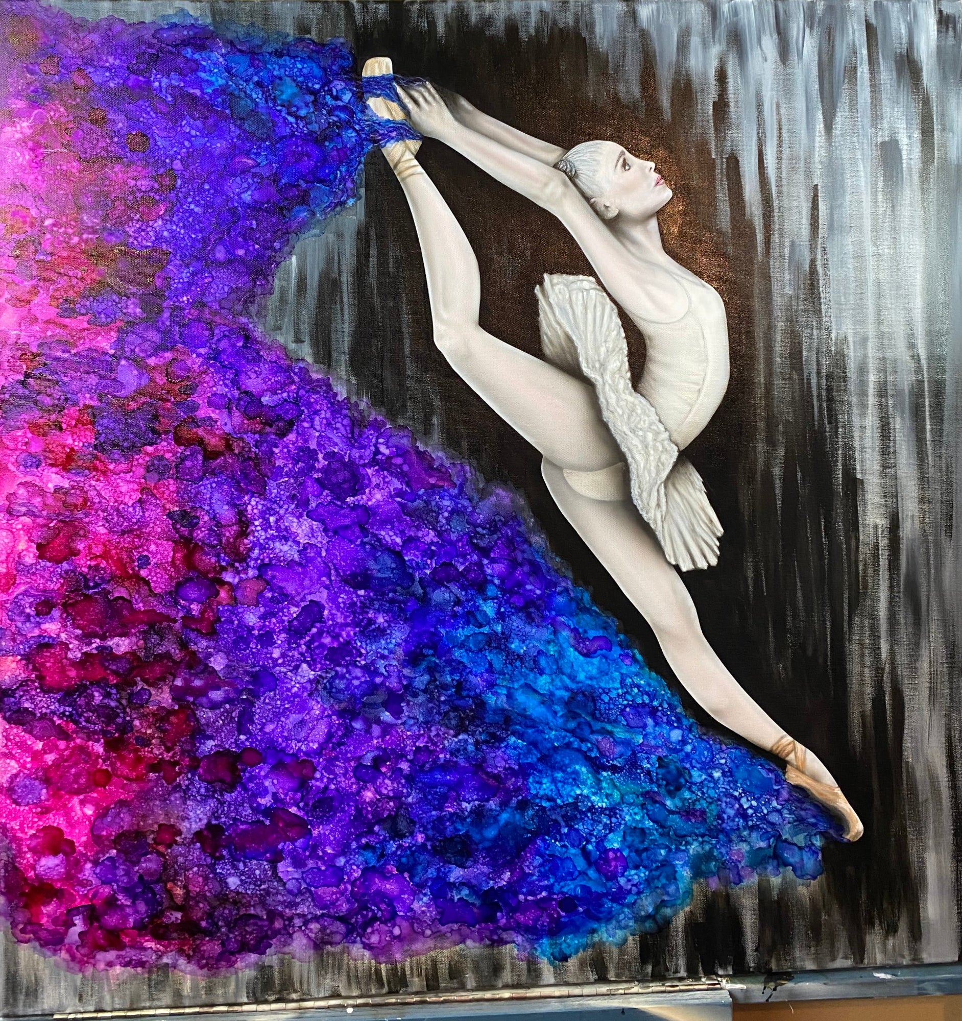 Artistic depiction of a ballet dancer with a colorful, abstract background.  She Dances in Color painting by Kris Horton