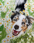 Custom pet portrait by Kris Horton of a dog looking up in a field of daisies.