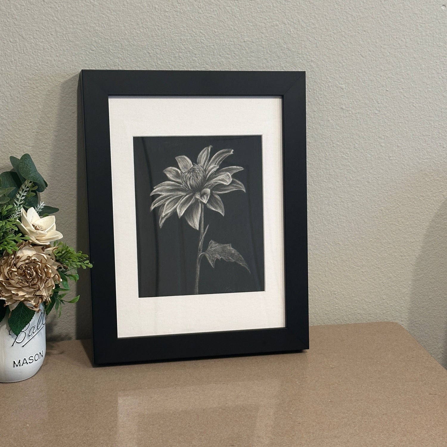 Framed chrysanthemum drawing by Kris Horton in black and white