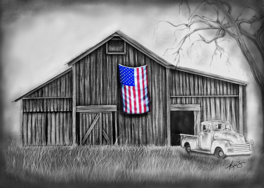 Black and white painting of an old barn and truck with an American flag in color.