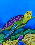 Painting by Kris Horton of a tortoise swimming in an underwater scene with colorful coral
