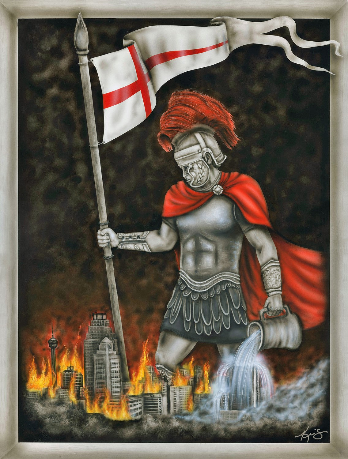 Custom St. Florian painting by Kris Horton, the Patron Saint of Firefighters, saving San Antonio, Texas.