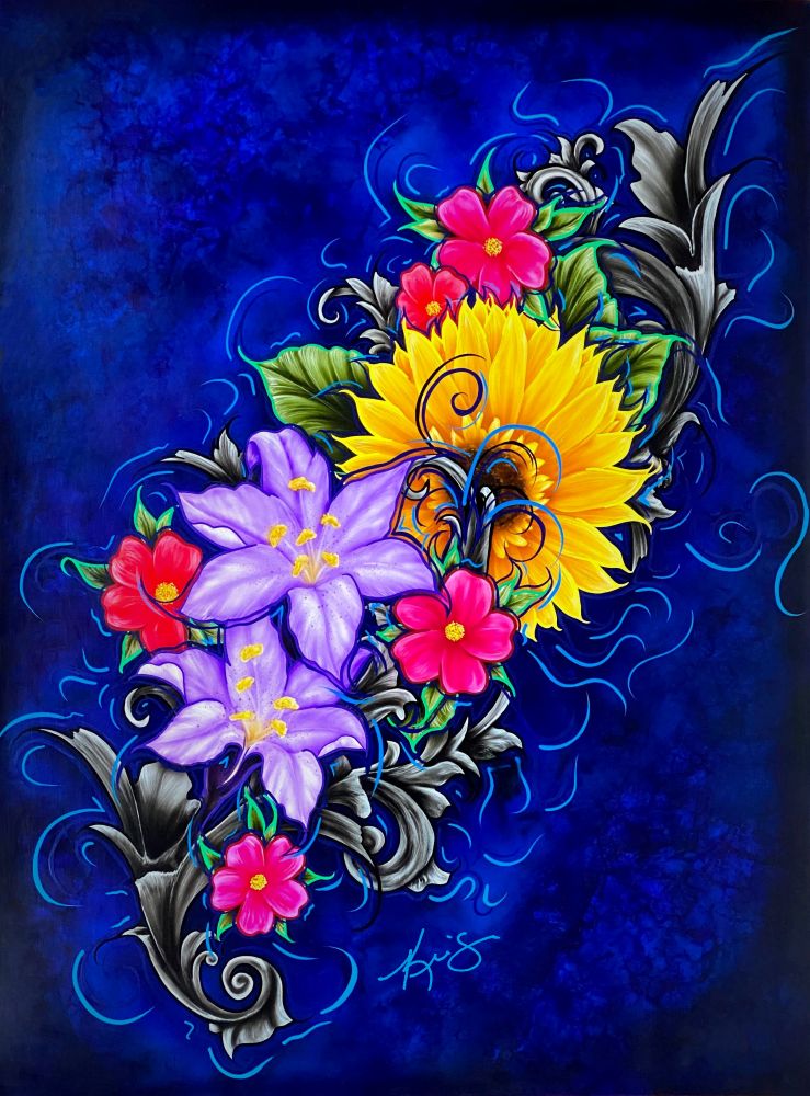 Colorful floral painting with sunflower, purple flower, and pink flowers on a blue background