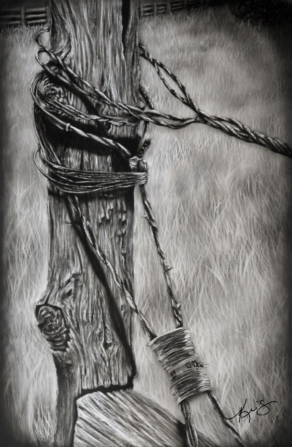 Black and white painting of an old fence post with several strands of barb wire wrapped around it