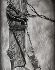 Black and white painting by Kris Horton of an old fence post with several strands of barb wire wrapped around it