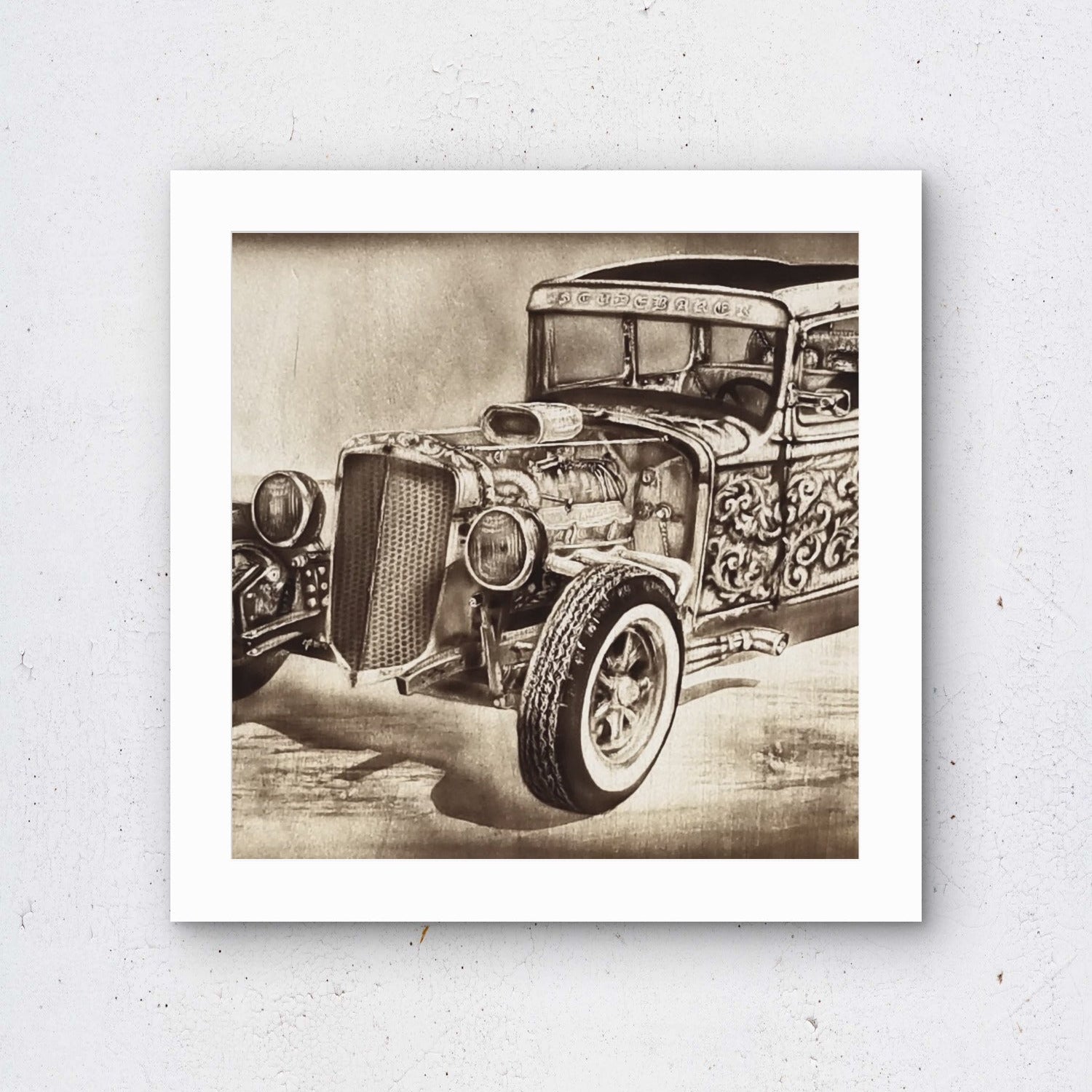Paper print with white border of a studebaker painting by Kris Horton
