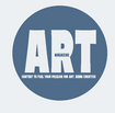 Logo of an art magazine with a blue circle and white text on a light gray background