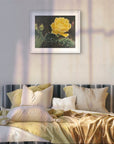Framed painting by Kris Horton, Beauty among thorns, hanging above a modern bed