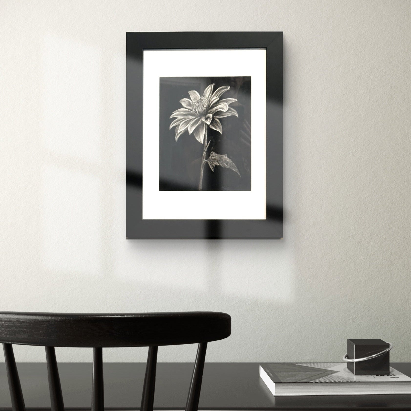 Framed Shadow Bloom a black and white floral drawing by Kris Horton