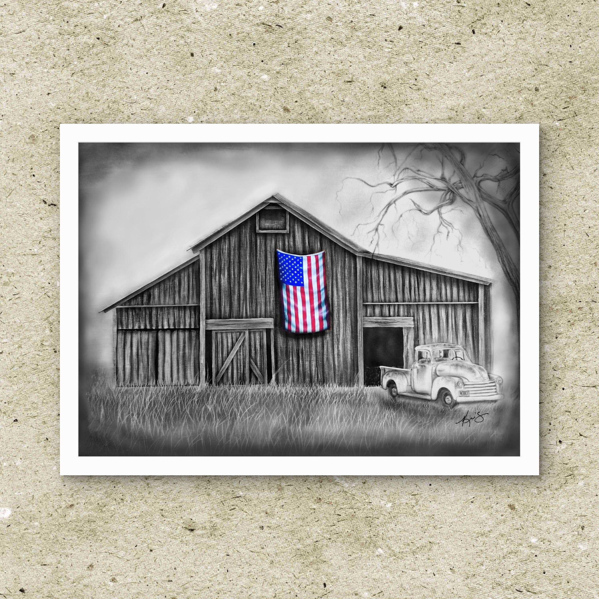 My America – Americana Barn & Flag Fine Art Print – Kris' Artworks