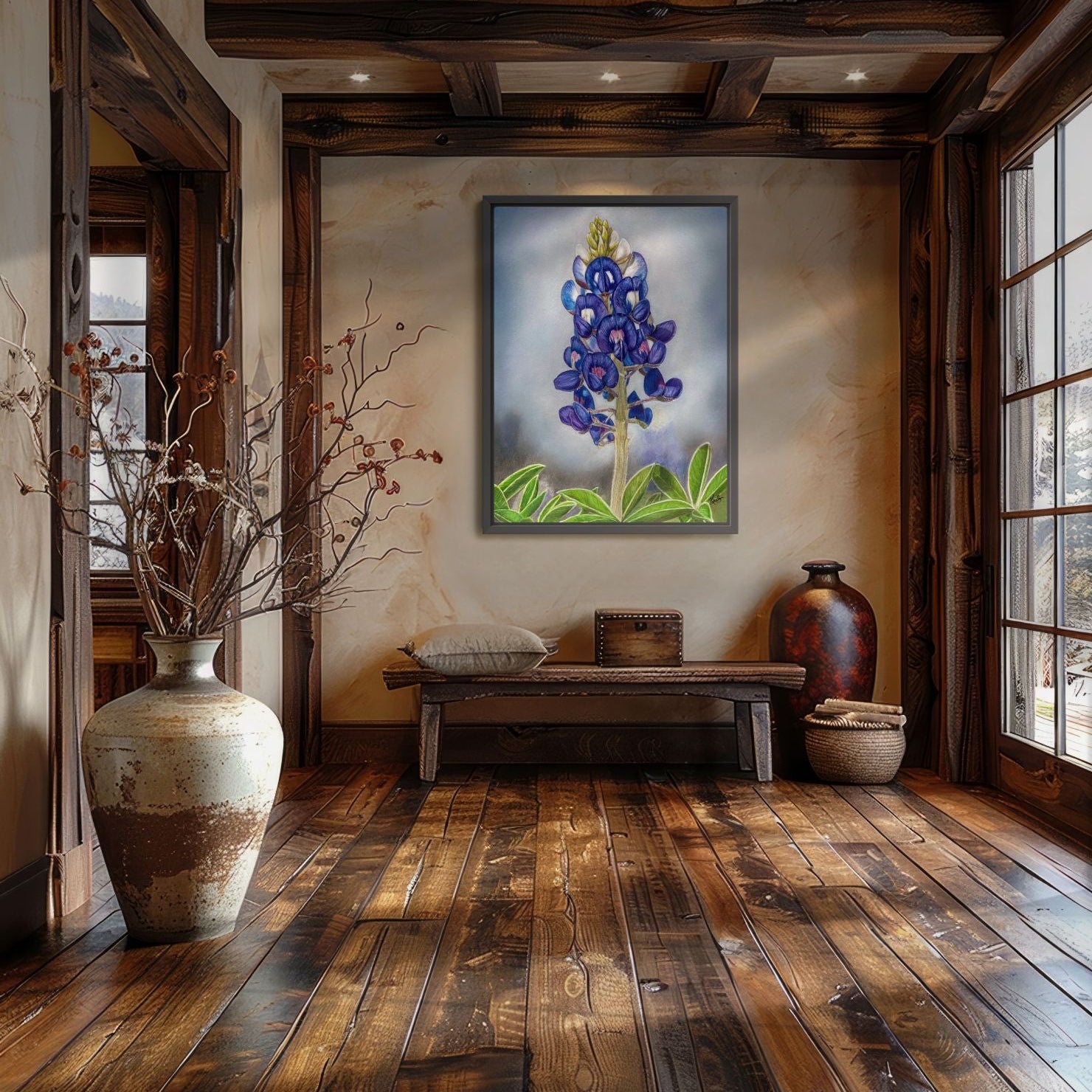Texas Bloom No. 1 a bluebonnet painting by Kris Horton, framed and hanging in a rustic entryway with wood floors.