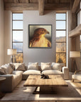 Modern living room with a large painting by Kris Horton of a hawk on the wall.