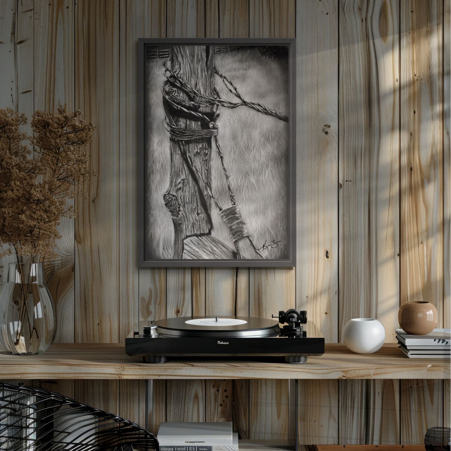 Framed Bound painting of an old fence post with barb wire on the wall above an old turntable record player.