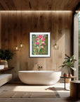 Framed painting by Kris Horton of an Indian Paintbrush flower in a modern bathroom.