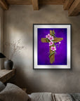 Framed artwork of a rustic cross with flowers on a wall above a bed in a bedroom.