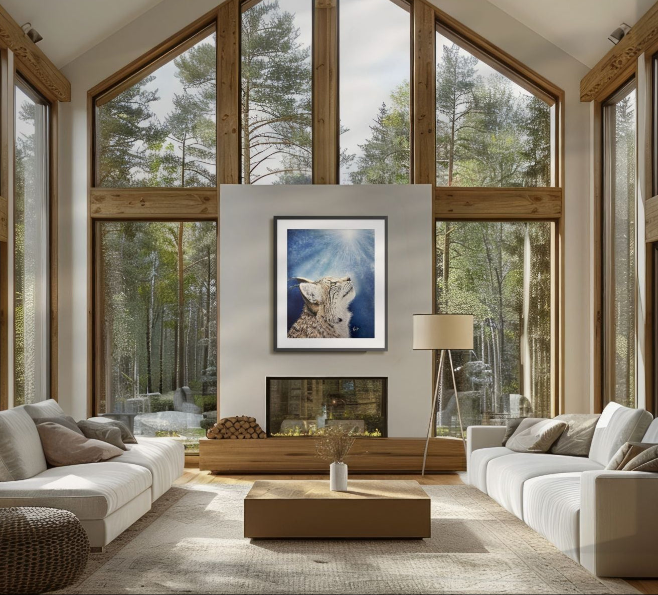 Framed painting by Kris Horton of a bobcat looking up into the sun in a modern cathedral style living room.