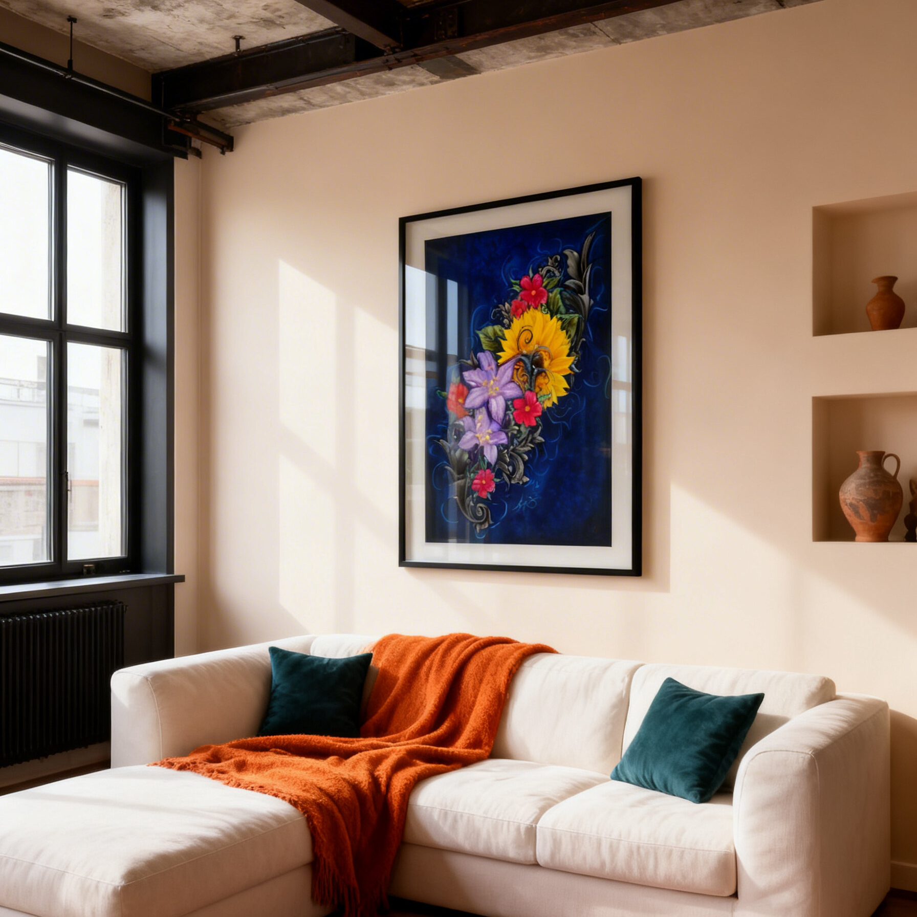 Framed painting of The Color of Happiness a vibrant floral with a blue background in a modern living room.