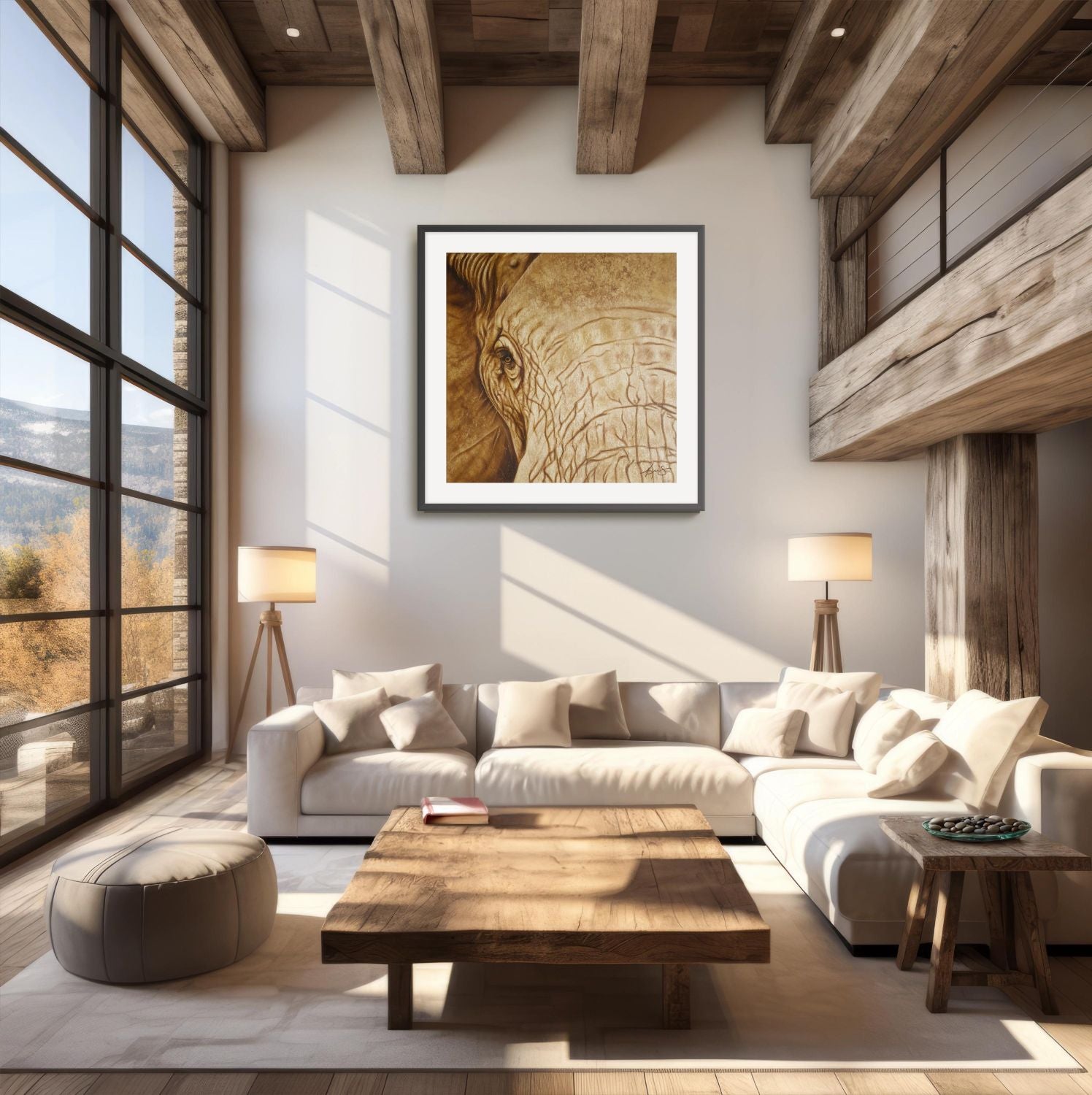 Framed artwork Strength & Honor by Kris Horton a close up sepia painting of an elephants eye in a modern rustic living room.