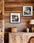 Built tough mini print set by Kris Horton of vintage cars stair step on wall in rustic living room