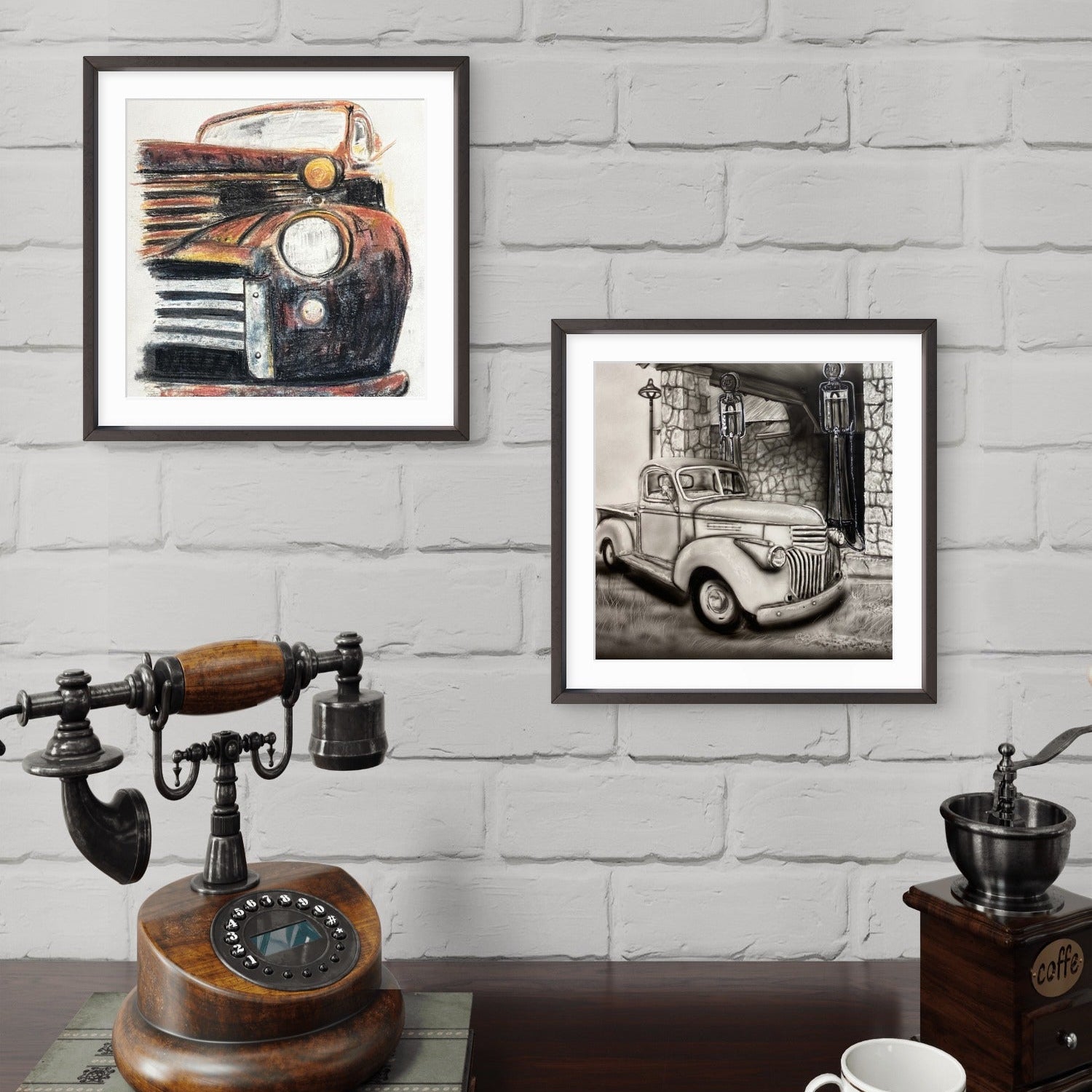 built tough mini print set of vintage trucks by Kris Horton framed and hanging on wall in rustic room