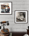 built tough mini print set of vintage trucks by Kris Horton framed and hanging on wall in rustic room