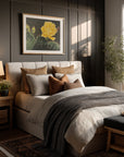 framed cactus bloom painting, beauty among thorns by Kris Horton above a cozy bed