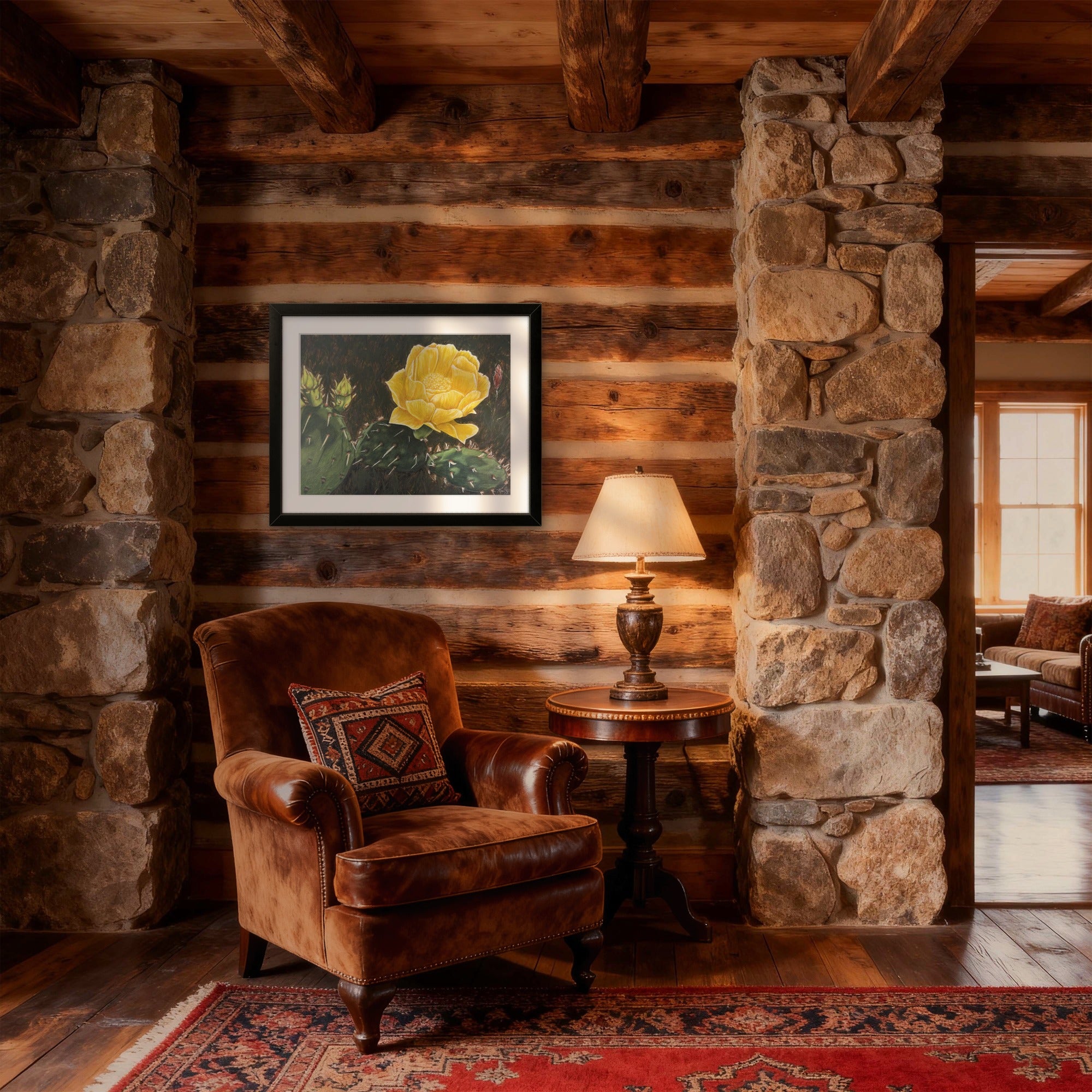 Black framed painting Beauty Among Thorns by Kris Horton in rustic living room, fine art paper print