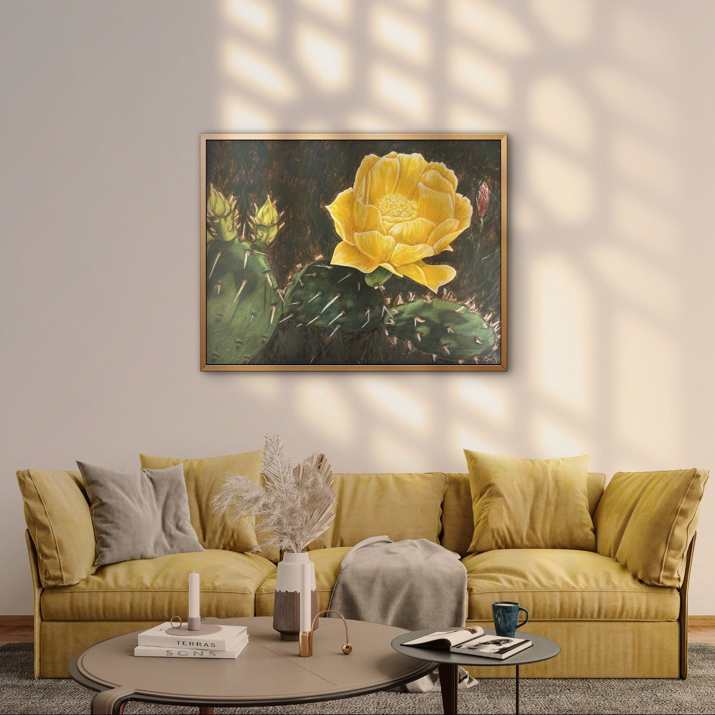 oak framed canvas print of a cactus bloom, Beauty Among Thorns painting by Kris Horton