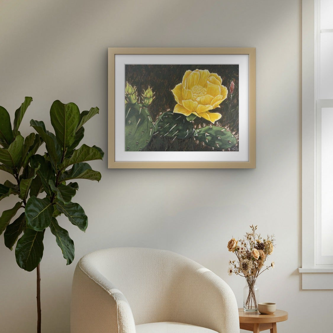 Oak framed fine art paper print of a cactus bloom painting by Kris Horton