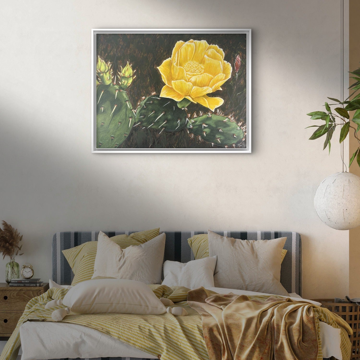 Framed canvas print of Beauty Among Thorns painting by Kris Horton hanging above a bed