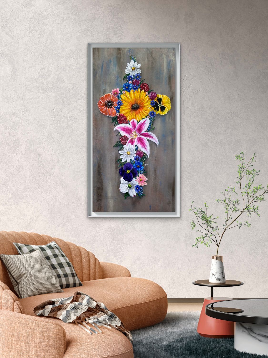 Floral cross painting by Kris Horton on a wall above a brown sofa in a living room.