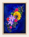Framed artwork of colorful flowers on a blue background by Kris Horton