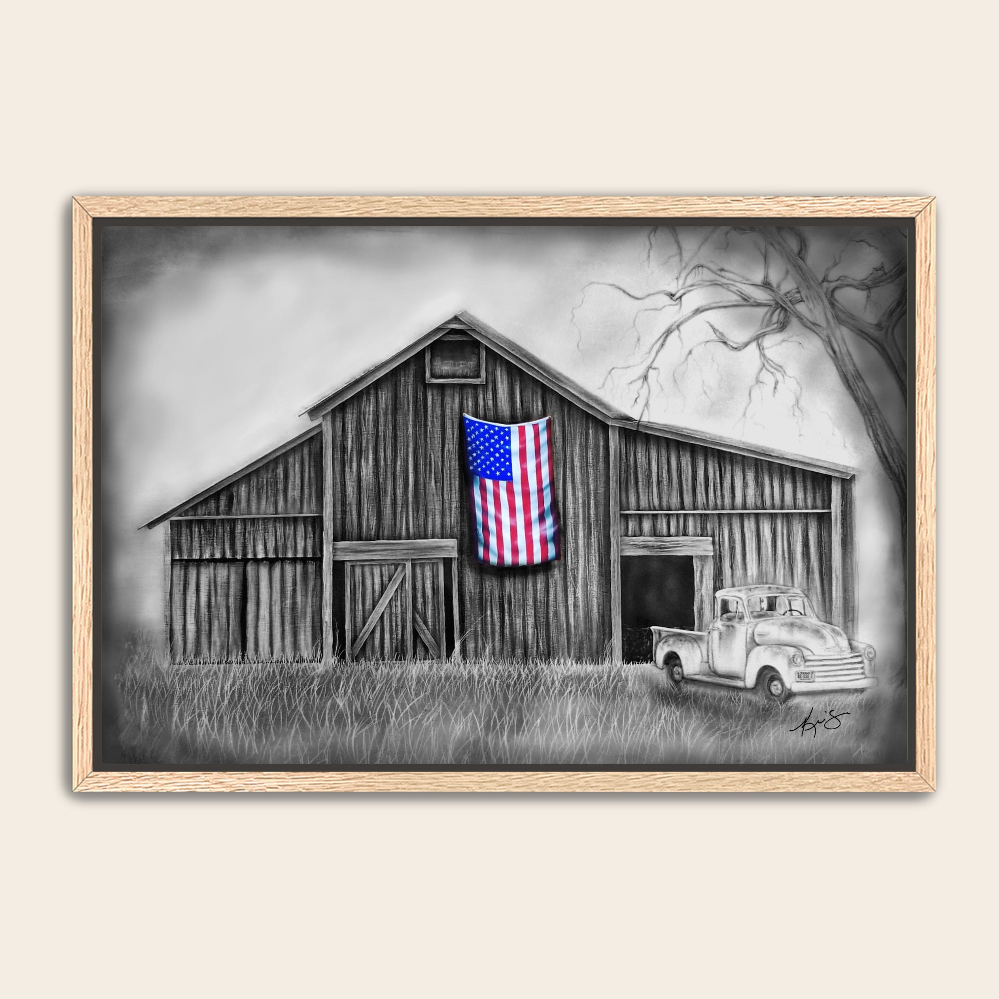 Framed artwork of a barn with an American flag and a truck.
