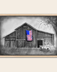 Framed artwork by Kris Horton of a barn with an American flag and a truck.