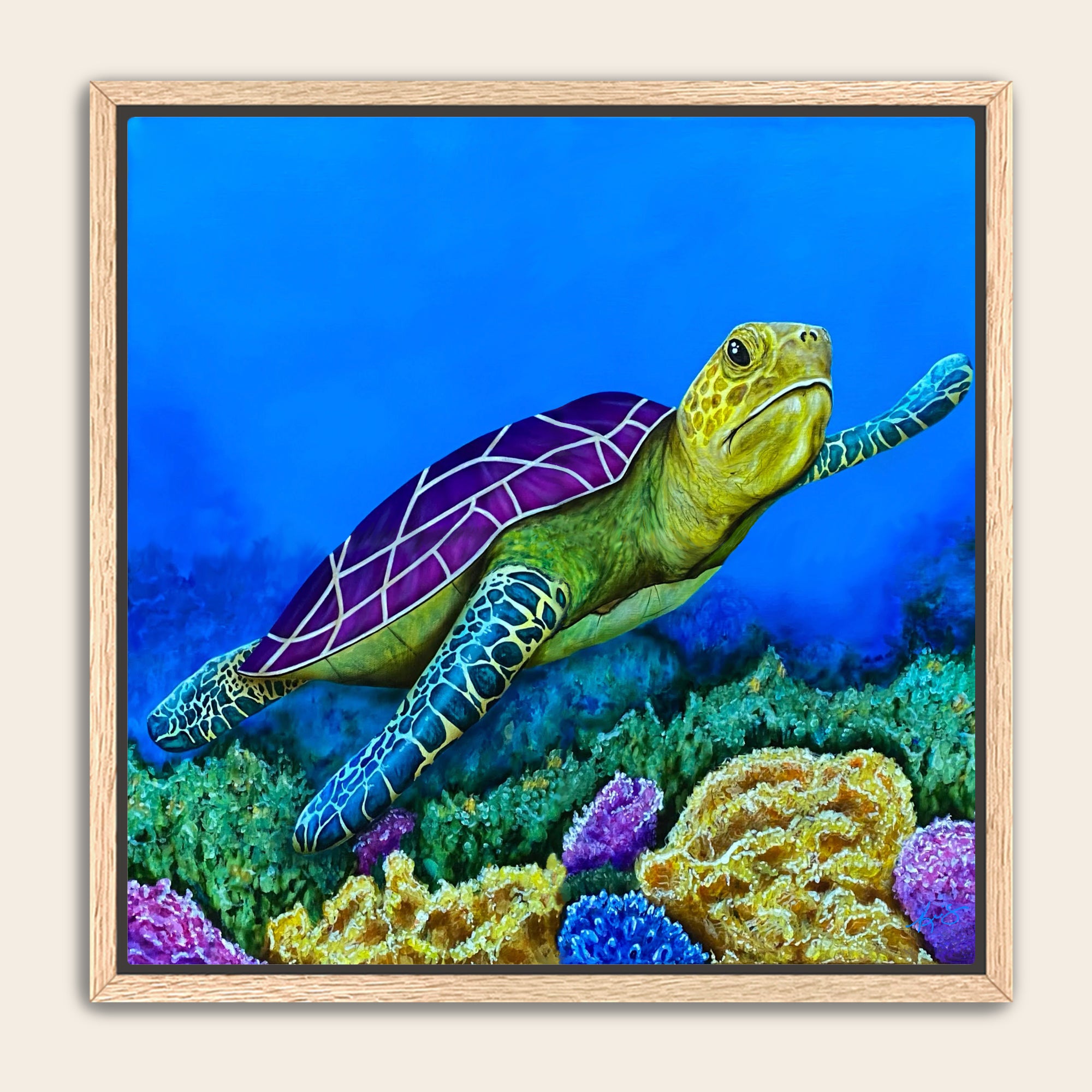 Framed artwork of a turtle swimming over coral with a blue background