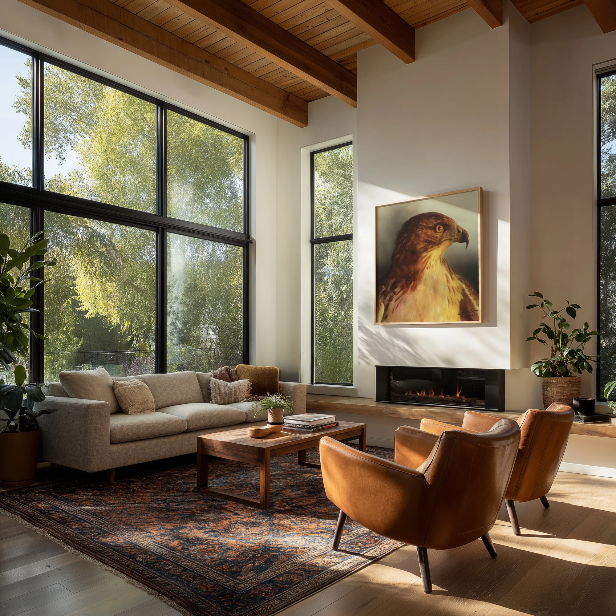 Red tail hawk framed canvas print over fireplace in modern living room with large windows