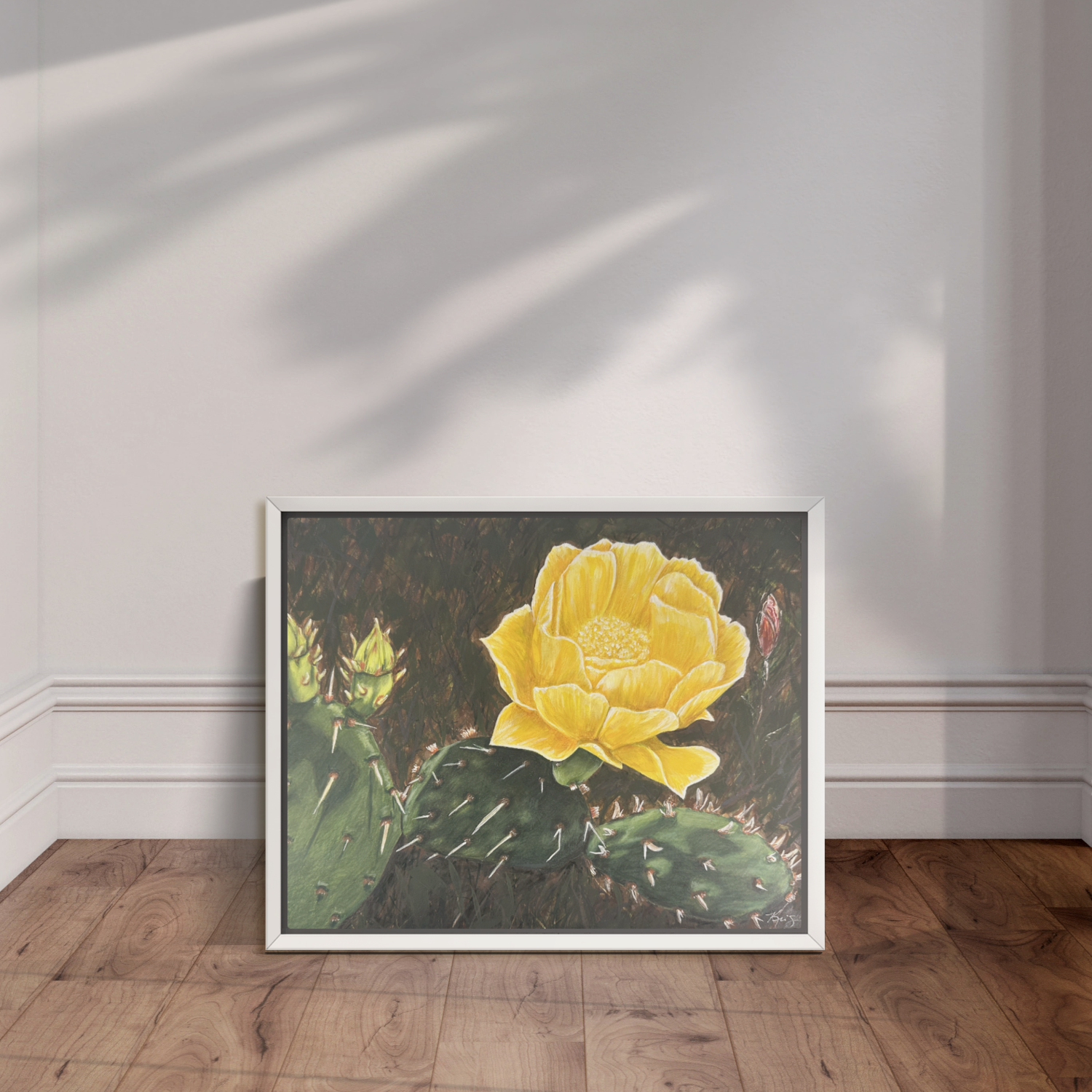 White framed canvas print of a painting by Kris Horton of a cactus bloom