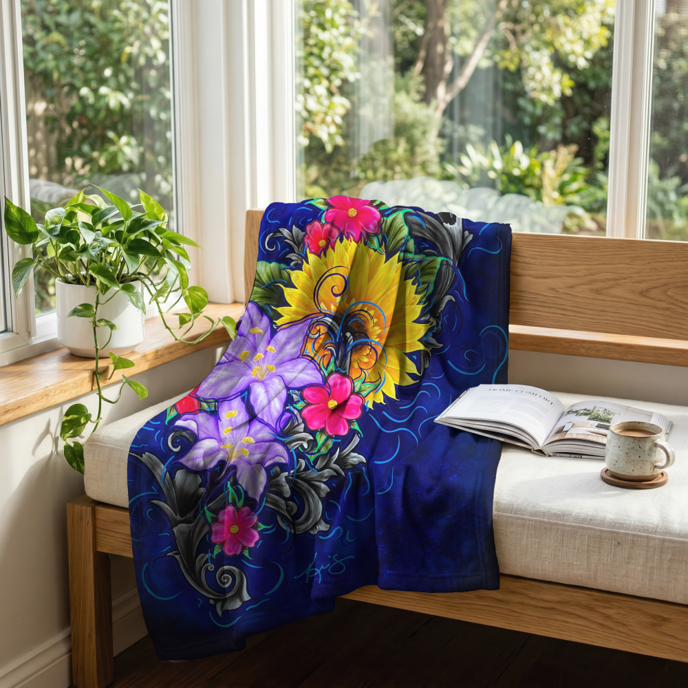 The color of happiness painting by Kris Horton printed on a fleece blanket on a window seat