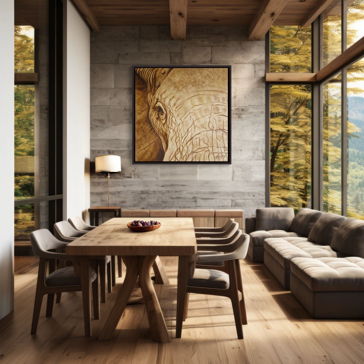 Framed wall art by Kris Horton of a close up of an elephants eye hanging in a modern living room with large windows with scenic view.