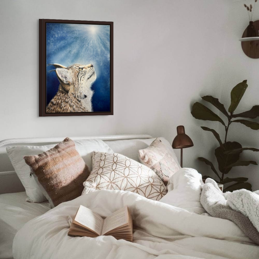 Believe Canvas print, painting by Kris Horton of a bobcat looking up to the sun.