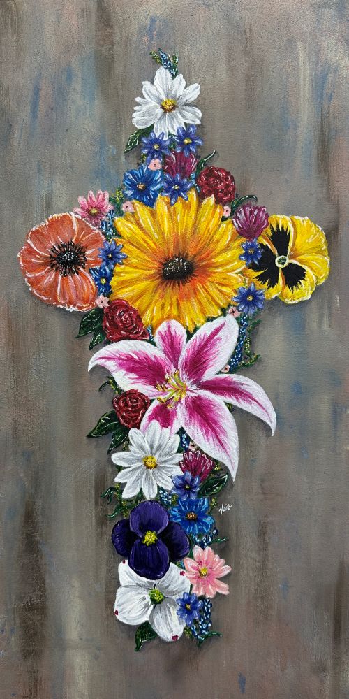 Decorative cross with colorful flowers on a gray background