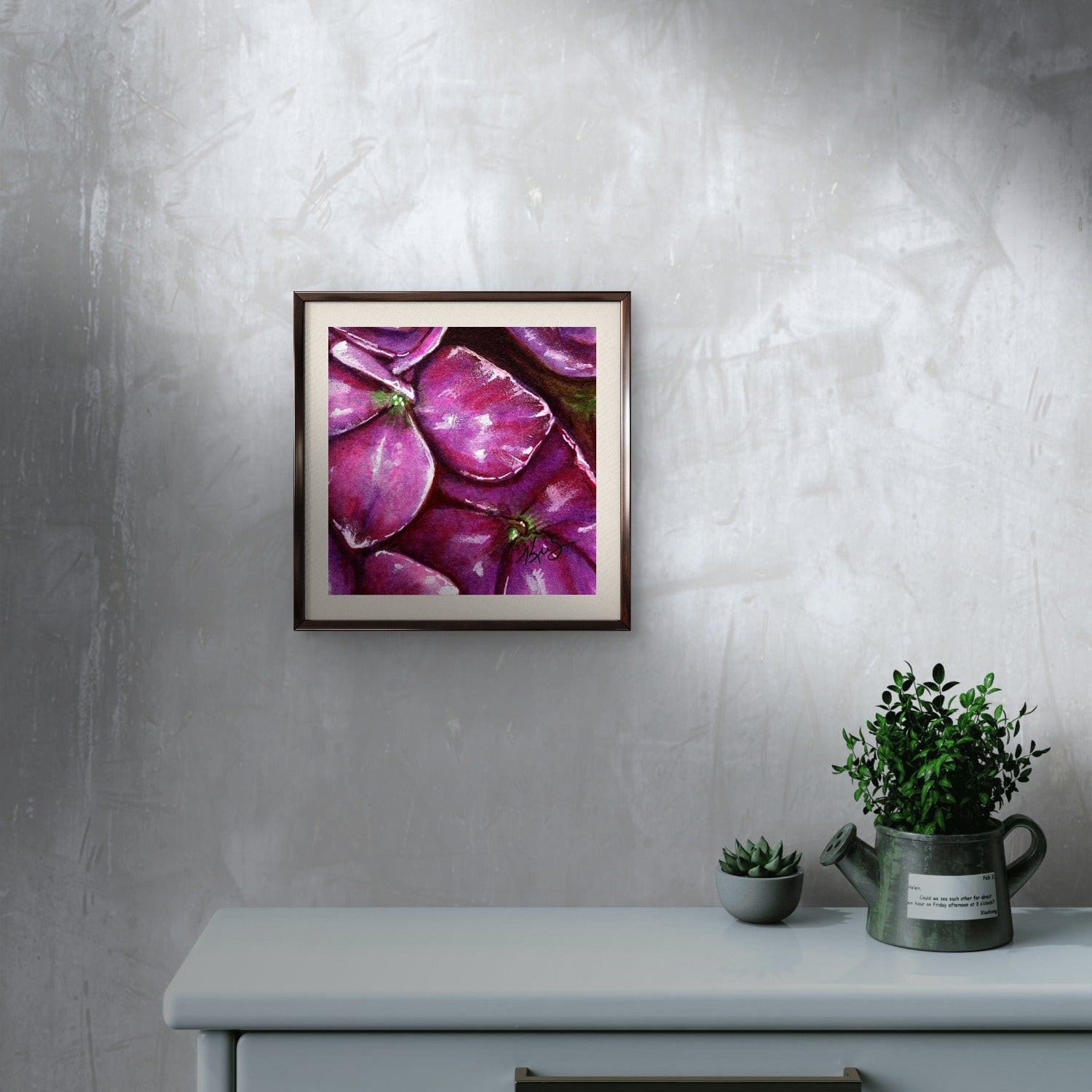 Framed magenta hydrangea painting by Kris Horton mini print