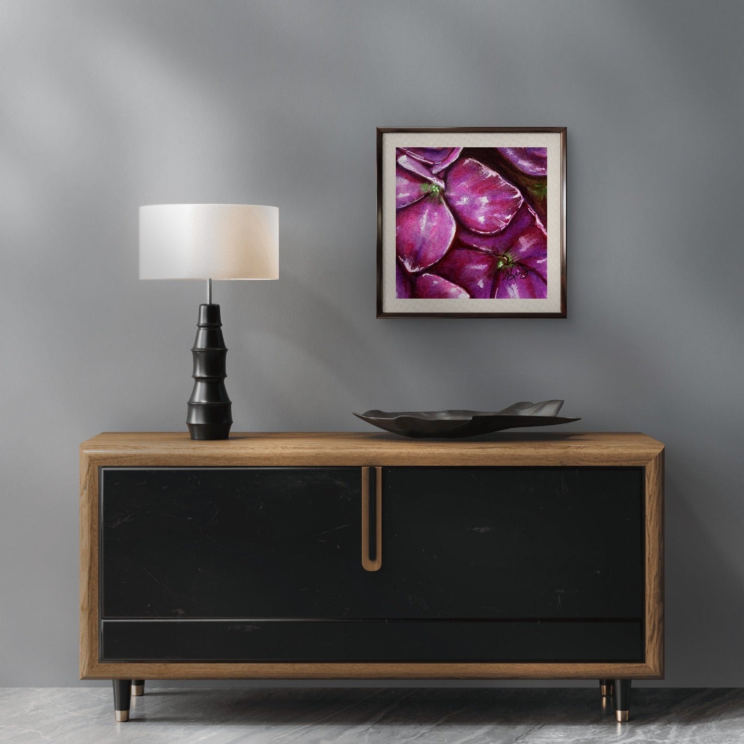 flower patch mini print painting by Kris Horton staged in living room