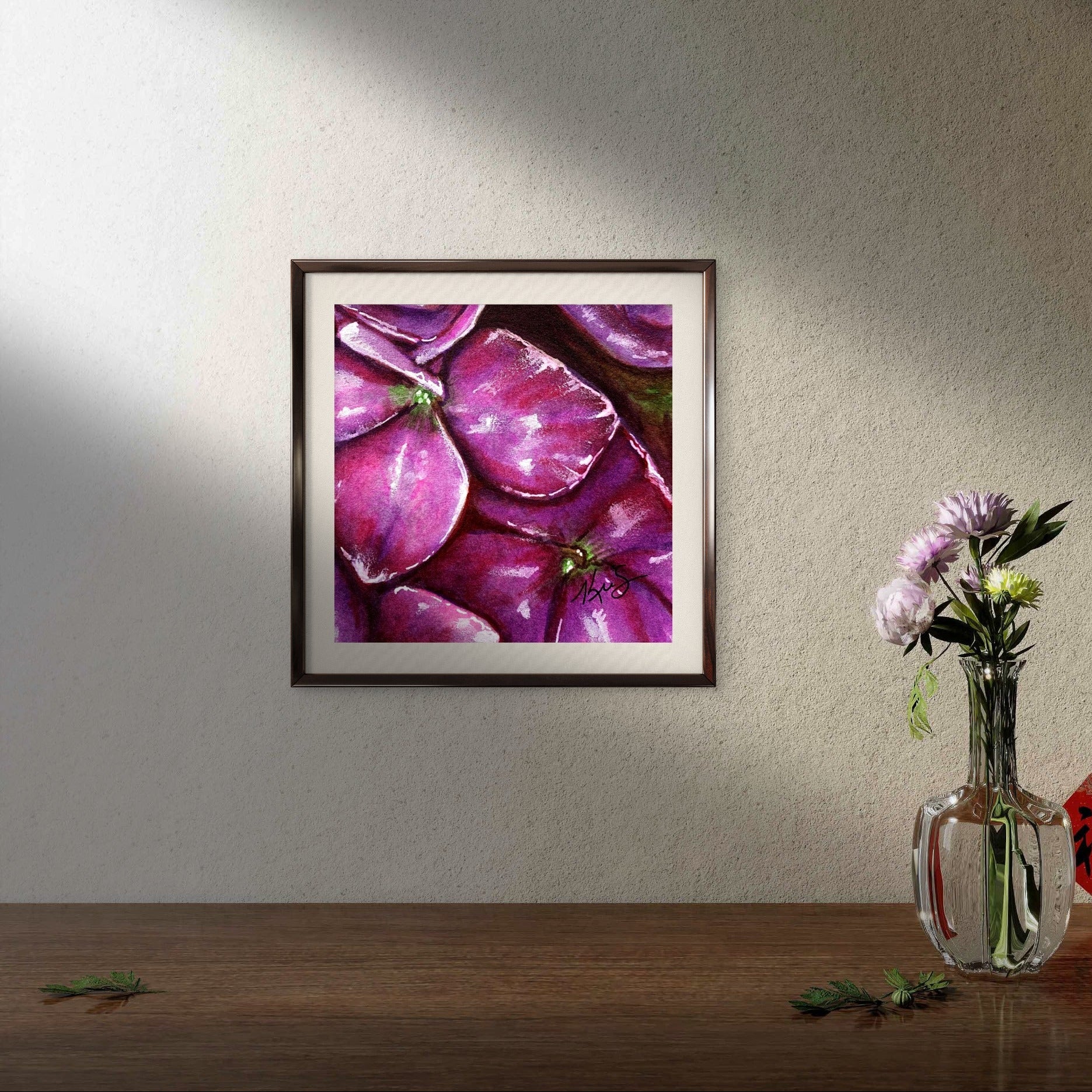 Framed mini print of the flower patch a magenta floral painting by Kris Horton