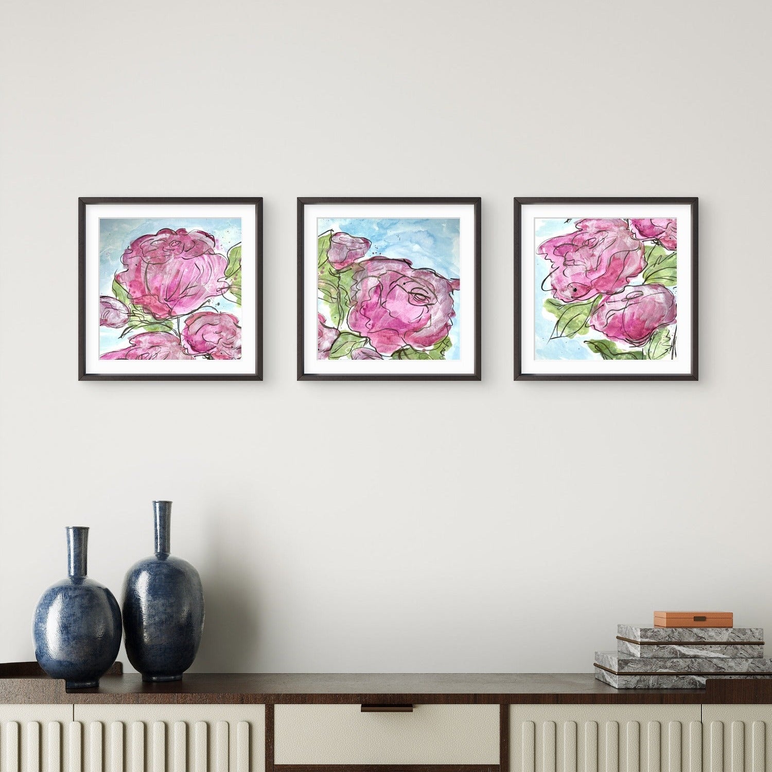 Full bloom abstract roses mini print set by Kris Horton framed on a wall