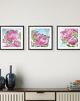Full bloom abstract roses mini print set by Kris Horton framed on a wall