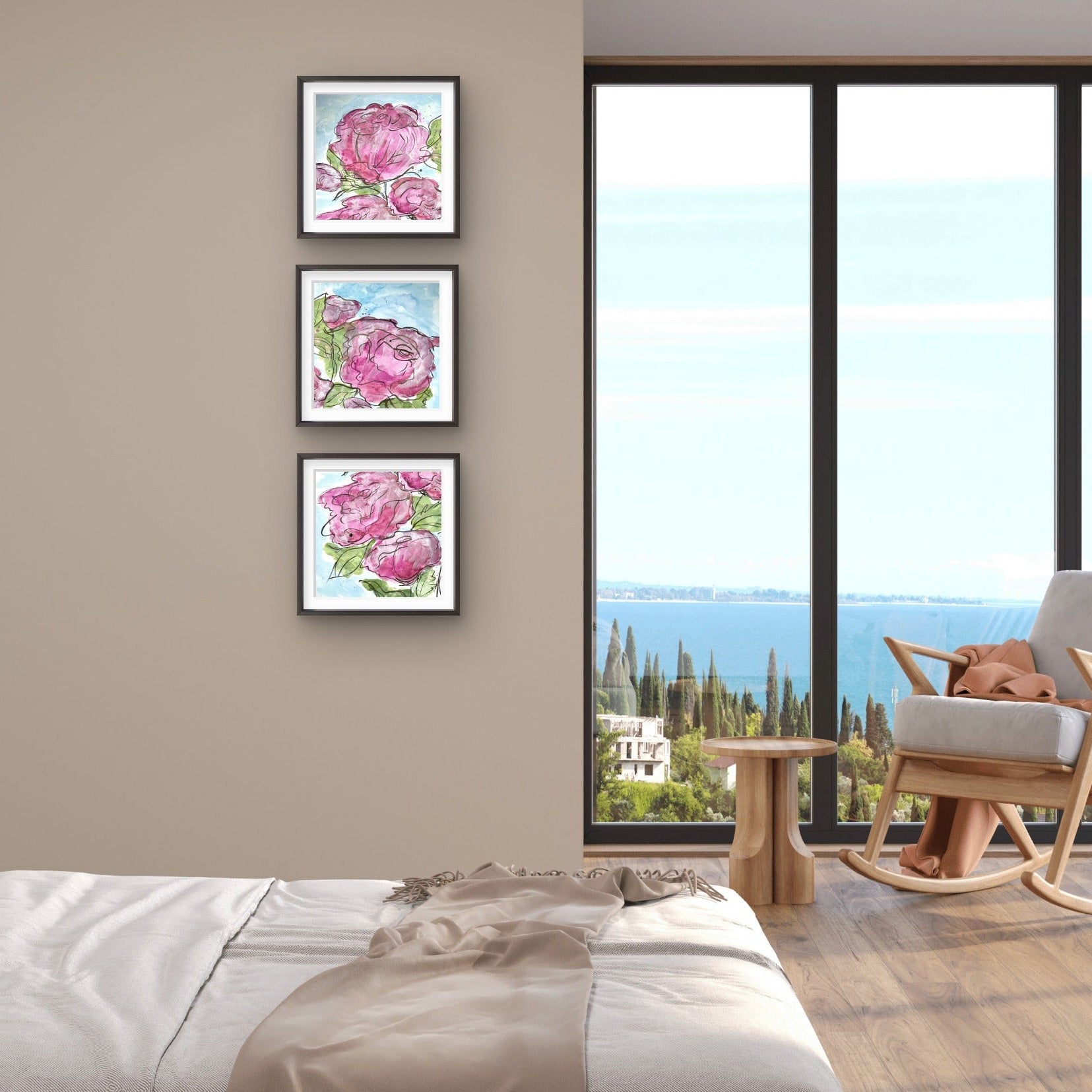 Abstract floral art mini print set by Kris Horton framed and hanging on bedroom wall