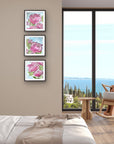 Abstract floral art mini print set by Kris Horton framed and hanging on bedroom wall