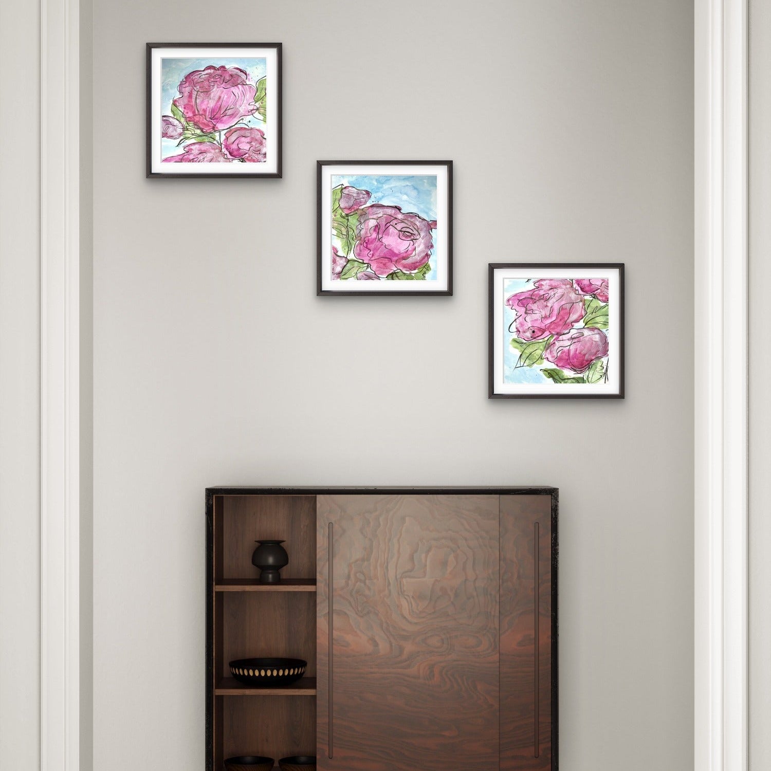 Framed stair step layout of floral fine art paper mini prints by Kris Horton