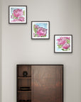 Framed stair step layout of floral fine art paper mini prints by Kris Horton